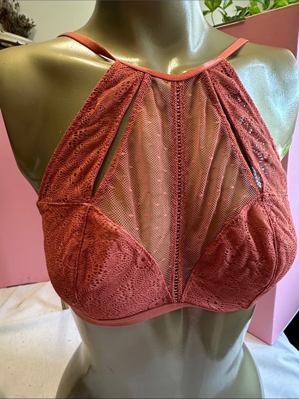 VS Lace & Mesh High-Neck Bralette adjustable straps racer back in Rust